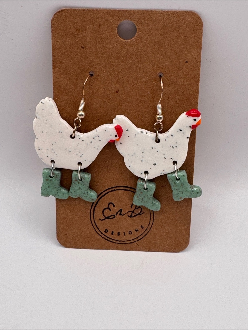 Handmade Polymer Clay White Chickens In Boots Dangle Earrings